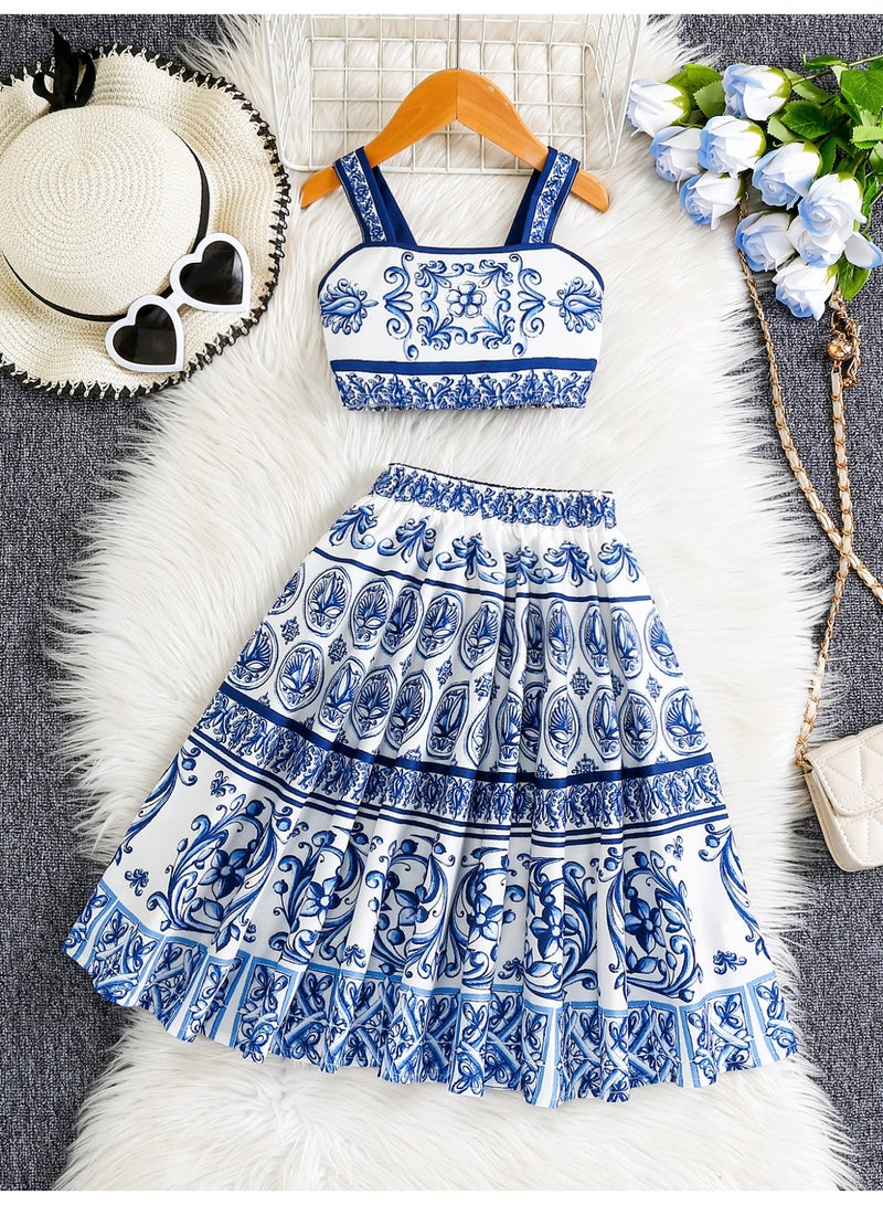 EU/US Style Blue & White Print Girls' Set, Summer Crop Top + Strappy Vest + Midi Skirt